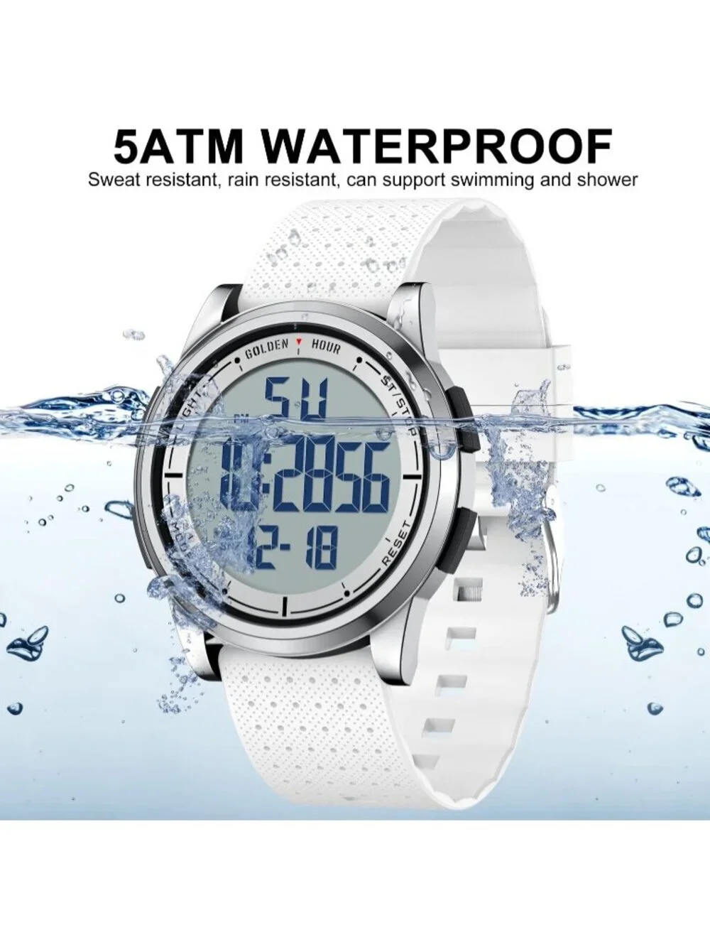 Men's Silver White Rubber Strap Ultra-Thin Minimalist Waterproof Digital Watch